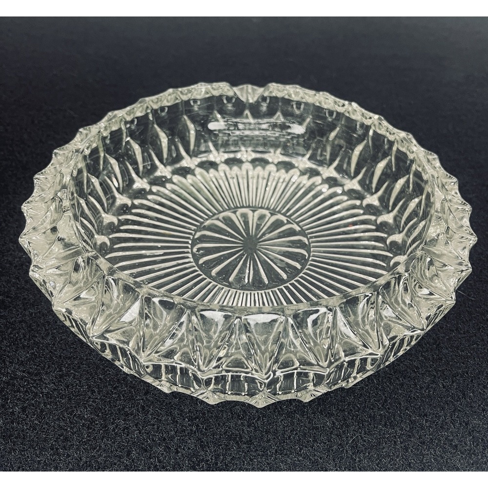 Vintage Clear Cut Glass Ashtray Heavy 7" Mid Century Modern Art Decor ~ Clean